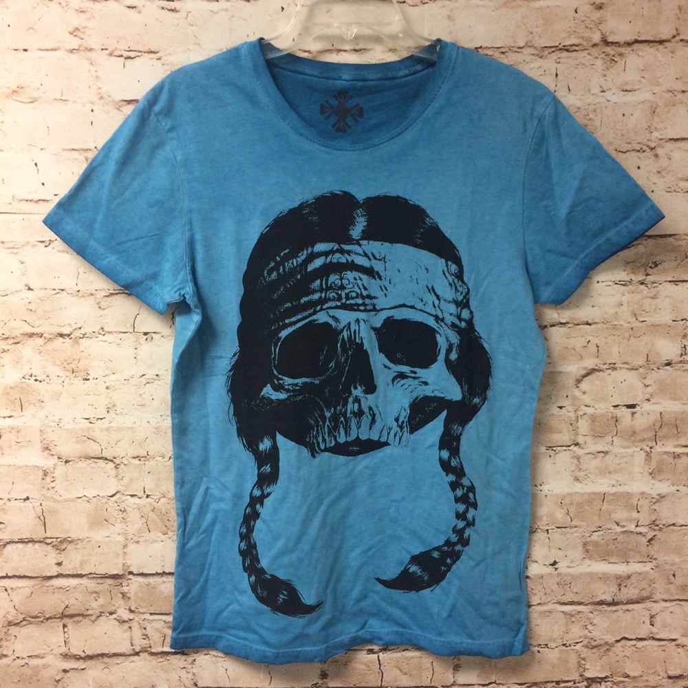Voiz Skull Graphic Tee Shirt Distressed Blue NWOT